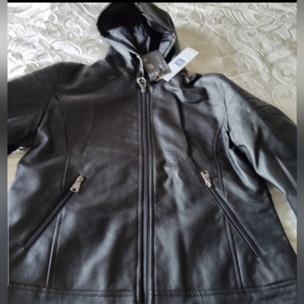 New Superlative Fashion SF Black Leather Jacket Hooded Medium Vintage Rare NWT